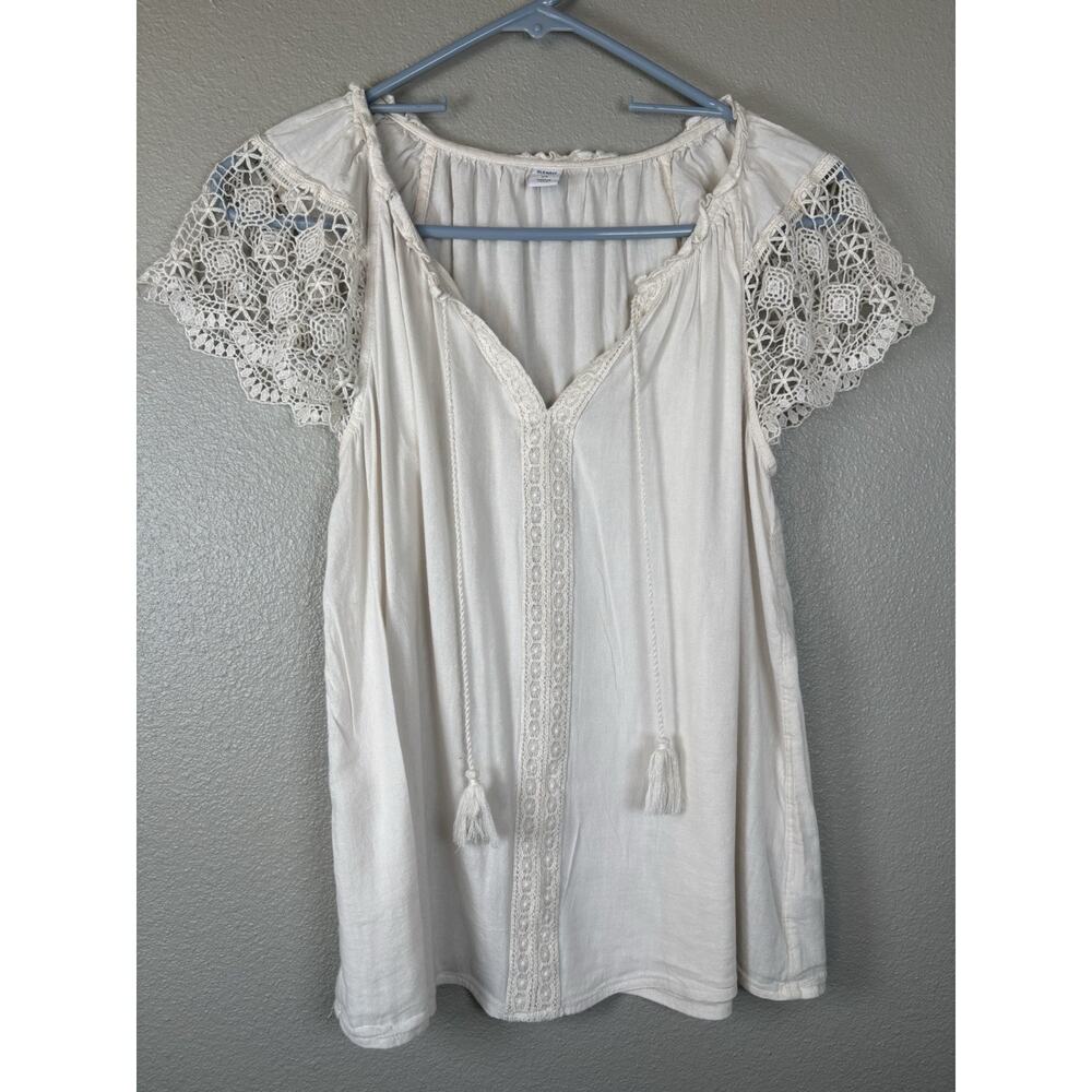 Old Navy Women’s Relaxed Tie‎ Neck Crochet Lace Sleeve Blouse Peasant XS White